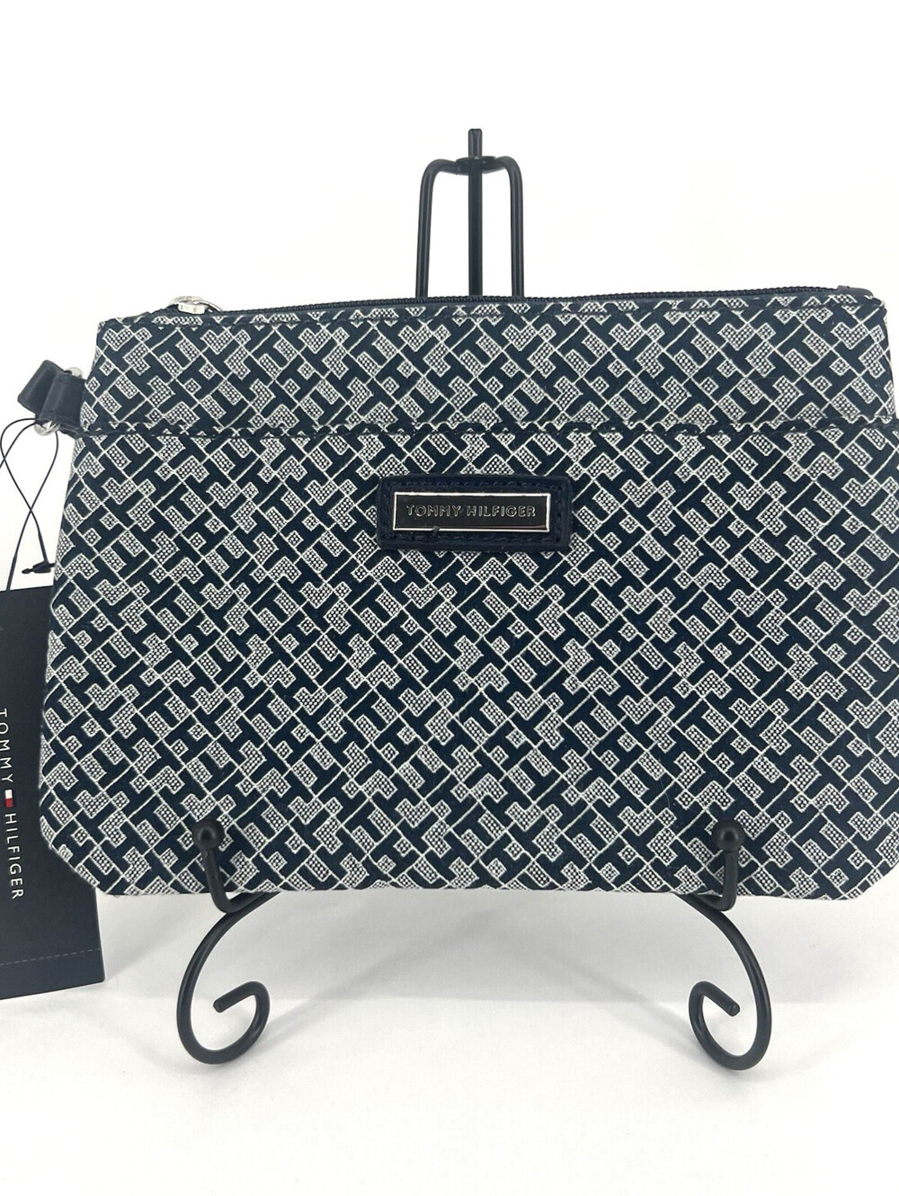 Tommy Hilfiger 2 Pocket Wristlet Monogram Print Navy/White 8"x5" (103-2)